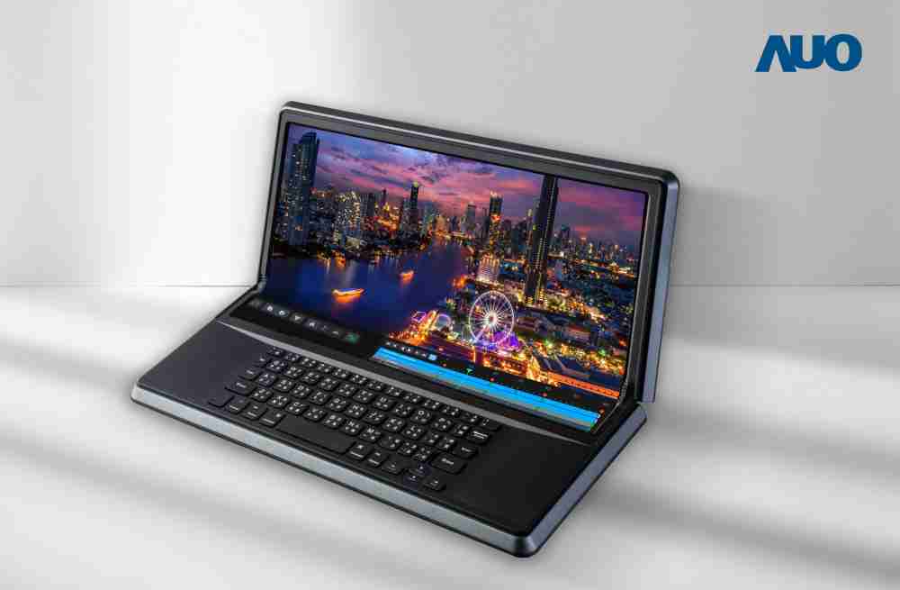 赏金国际14.6吋Micro LED折迭显示屏幕，，搭配半径4mm的弯折绞炼，，以及高画素、、高亮度、、高对比度的显示技术特点，，即便在大视角下仍保有绝佳色相与亮度